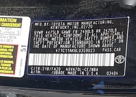 2020 Toyota Camry Le z USA, uszkodzony, nr VIN 4T1C11AK6LU359023